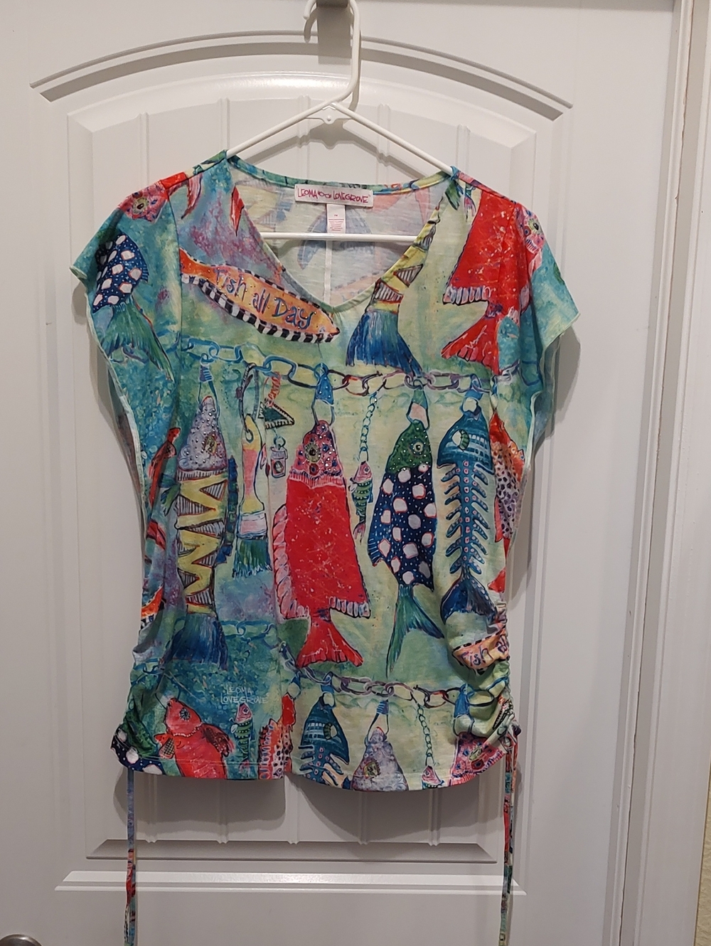 Leoma Lovegrove Fish All Day Fluted Sleeve Tee - Multicolor with Side Ties Sz M